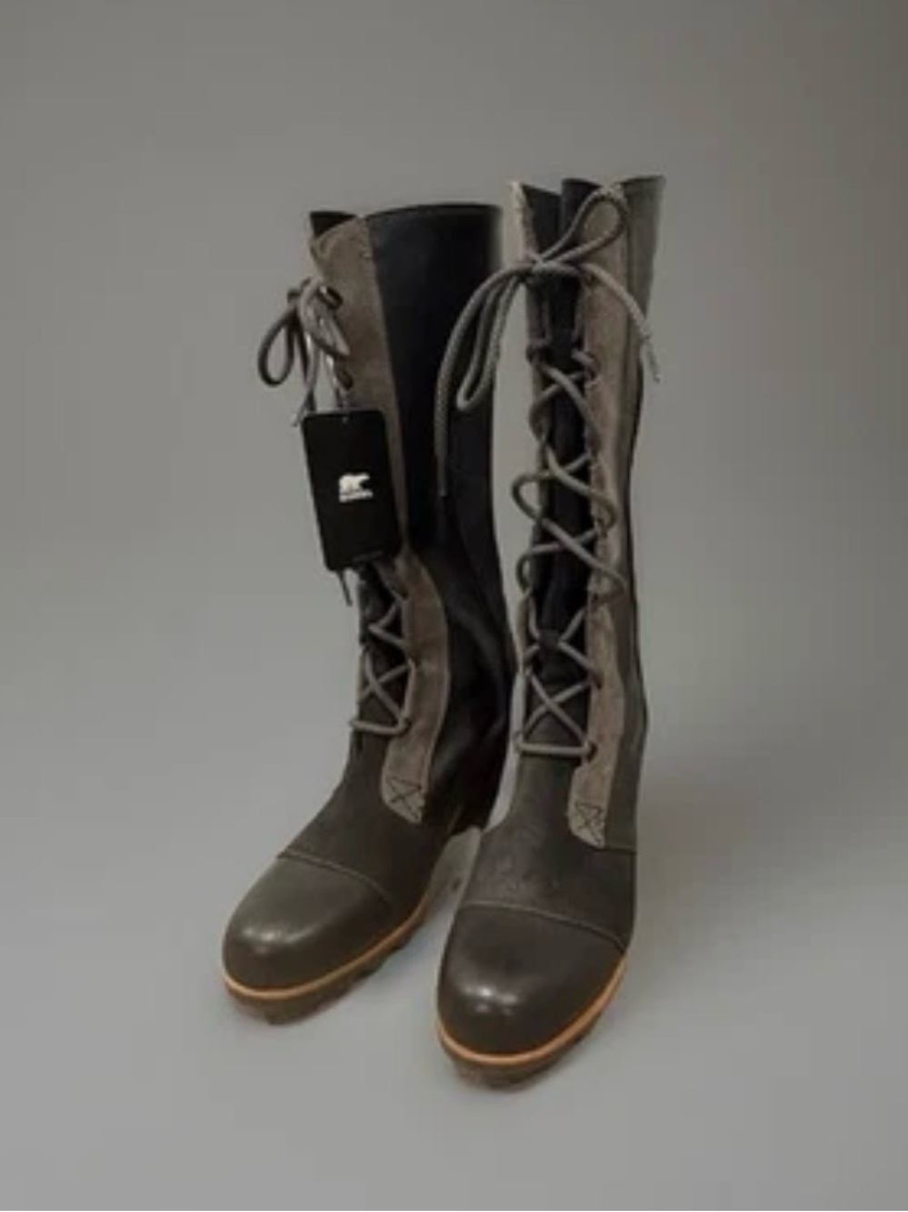 Sorel Cate The Great Blk/Grey Leather Wedge Boot 9.5 Tall Lace Up Women Goddess